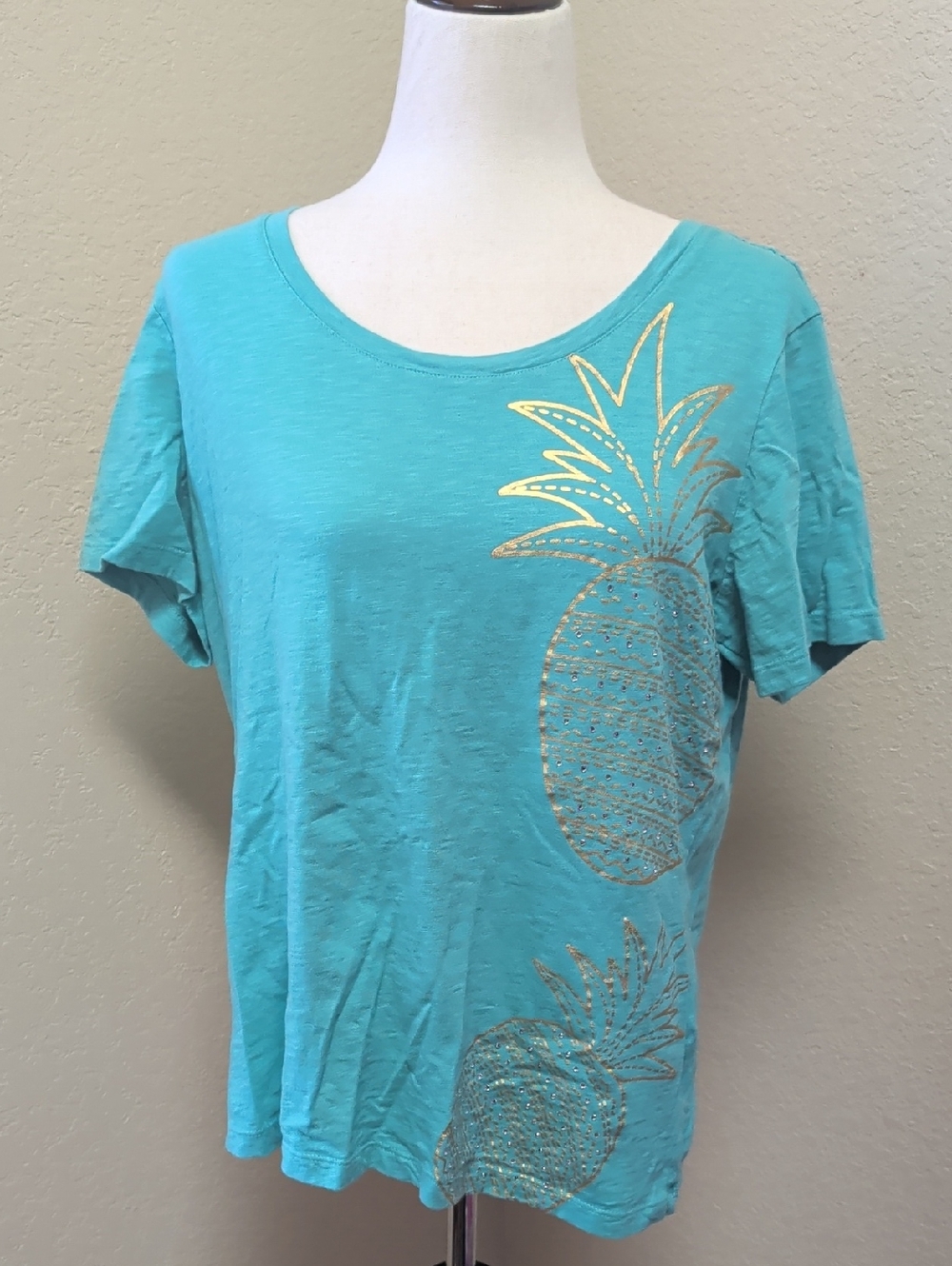 Coral Bay Blue And Gold Jeweled Pineapple Short Sleeve Tee Size Large